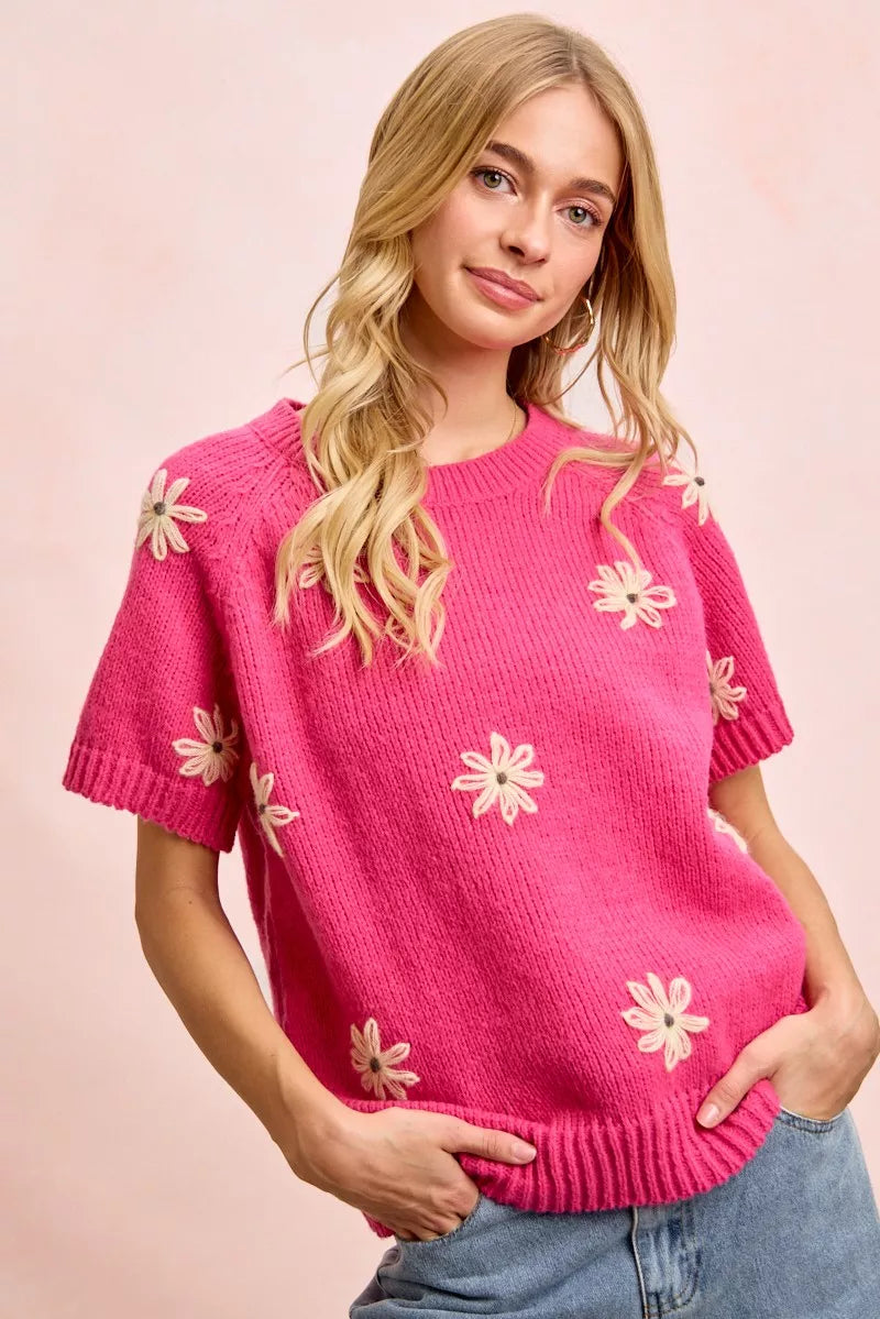 bibi flower embroidered Bibi Flower Embroidered Short Sleeves Knit Top view 3 (top) - shop at us.meeeshop