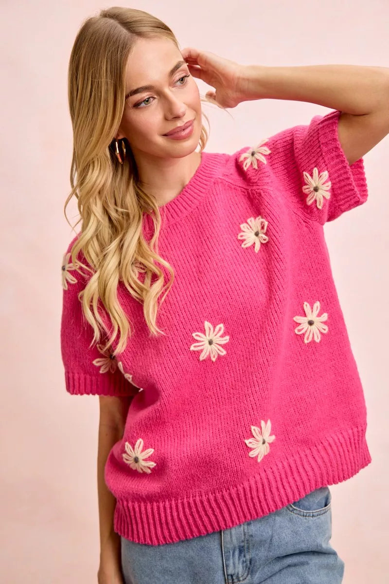 bibi flower embroidered Bibi Flower Embroidered Short Sleeves Knit Top view 4 (top) - shop at us.meeeshop