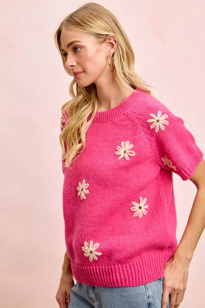 bibi flower embroidered Bibi Flower Embroidered Short Sleeves Knit Top view 5 (top) - shop at us.meeeshop