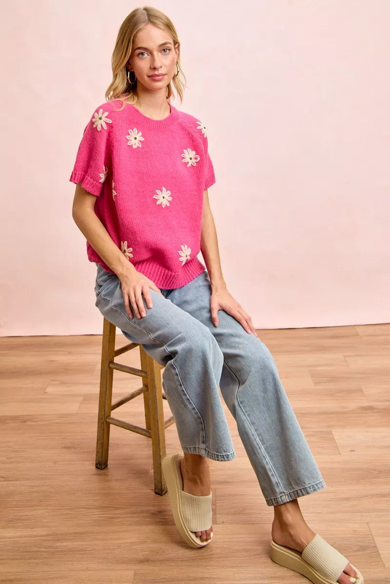 bibi flower embroidered Bibi Flower Embroidered Short Sleeves Knit Top view 7 (top) - shop at us.meeeshop