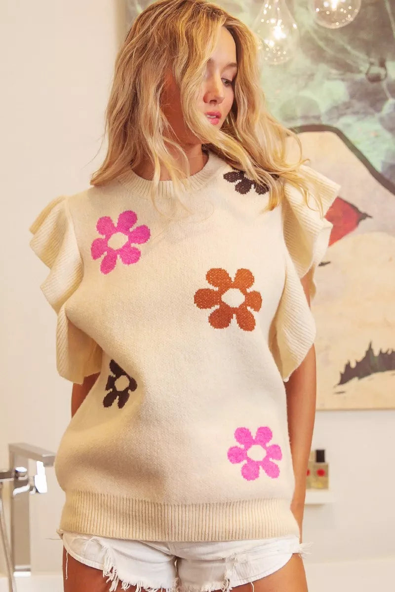 bibi flower printed Bibi Flower Printed Ruffled Sleeves Top OATMEAL (top) - shop at us.meeeshop