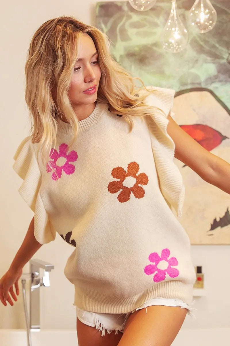 bibi flower printed Bibi Flower Printed Ruffled Sleeves Top view 10 (top) - shop at us.meeeshop