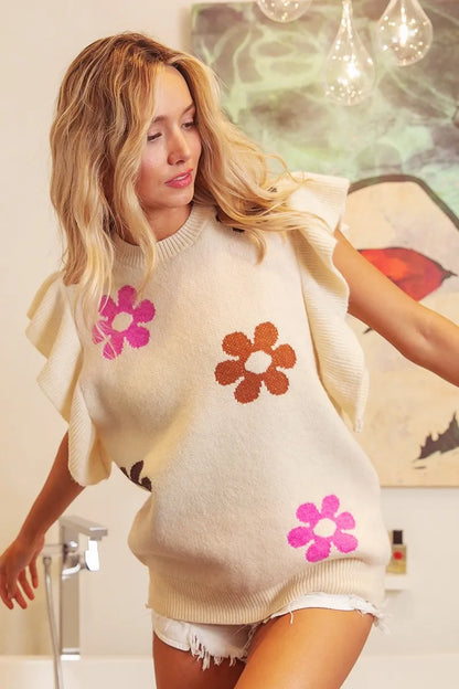 bibi flower printed Bibi Flower Printed Ruffled Sleeves Top view 10 (top) - shop at us.meeeshop