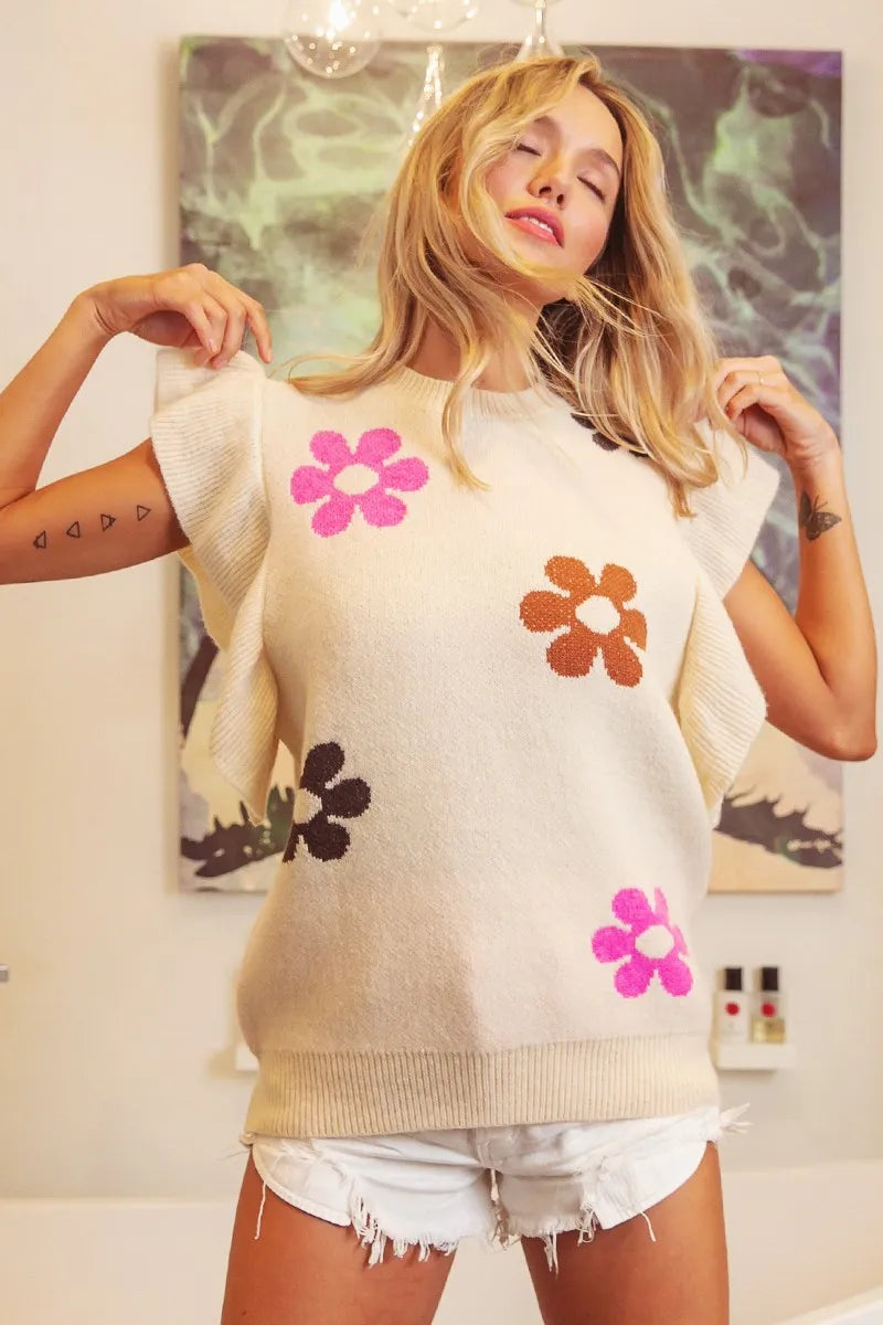 bibi flower printed Bibi Flower Printed Ruffled Sleeves Top view 7 (top) - shop at us.meeeshop