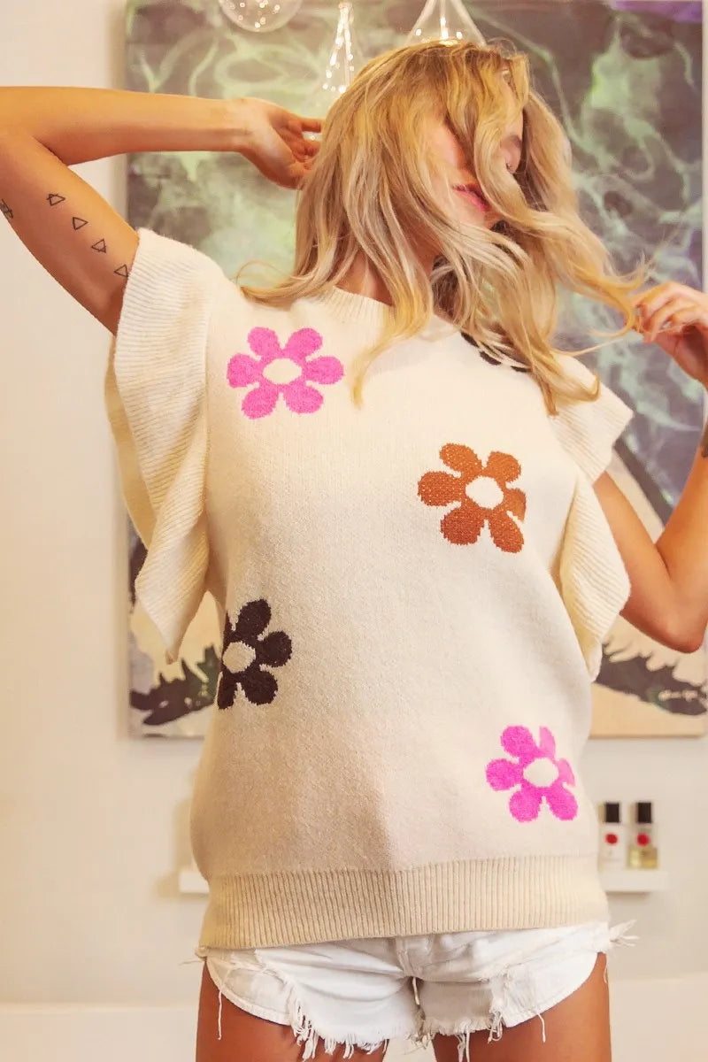 bibi flower printed Bibi Flower Printed Ruffled Sleeves Top view 9 (top) - shop at us.meeeshop