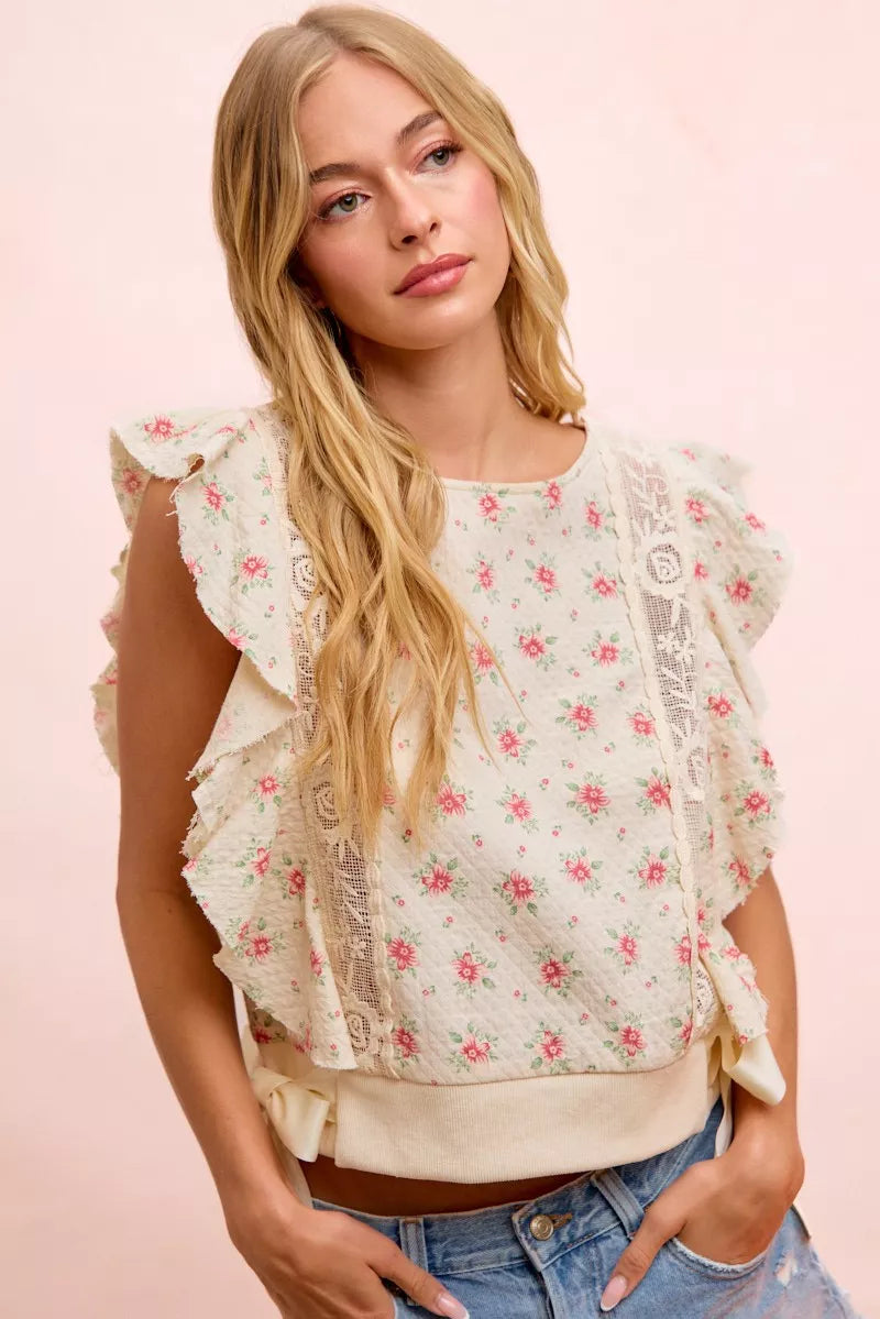 Bibi Flower Printed Ruffle Sleeve Trim Detail Top RED FLOWER (top) - bibi floral top, bibi floral blous - shop at us.meeeshop
