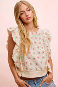 Bibi Flower Printed Ruffle Sleeve Trim Detail Top RED FLOWER (top) - bibi floral top, bibi floral blous - shop at us.meeeshop