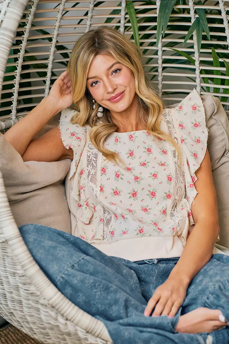Bibi Flower Printed Ruffle Sleeve Trim Detail Top view 10 (top) - bibi floral top, bibi floral blouse,  - shop at us.meeeshop
