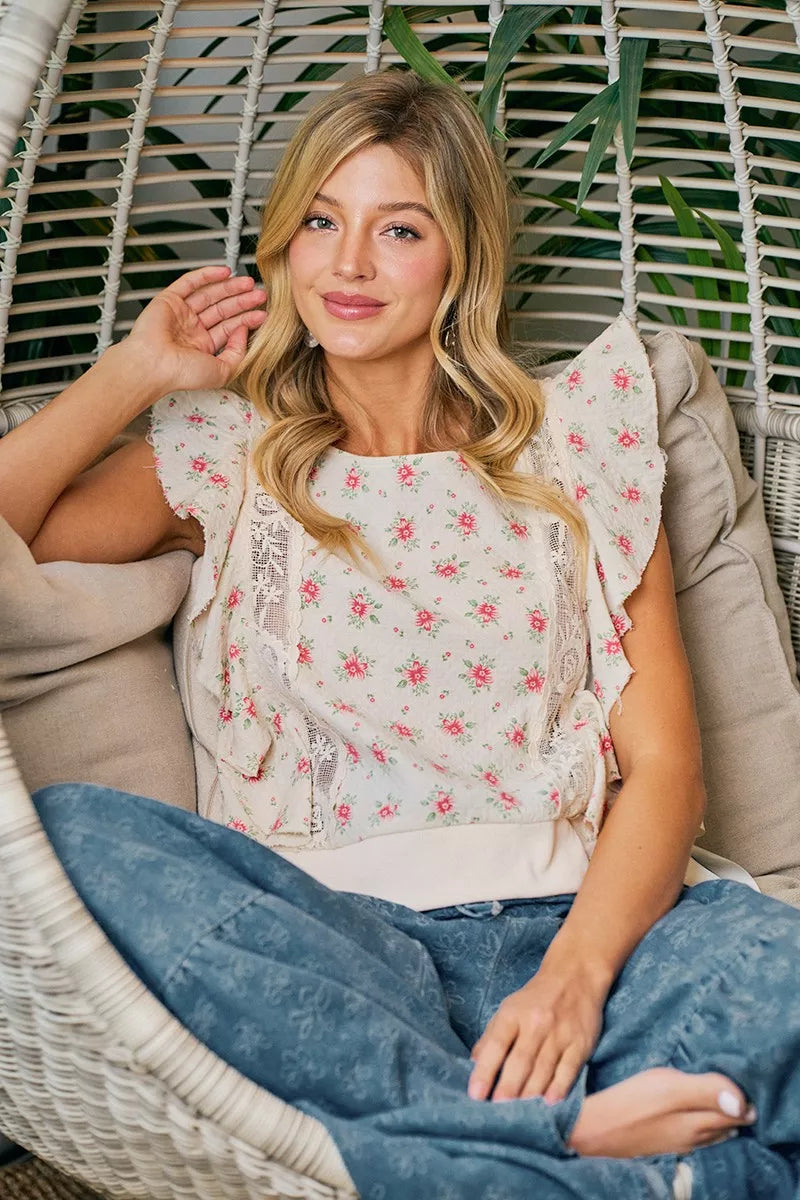 Bibi Flower Printed Ruffle Sleeve Trim Detail Top view 11 (top) - bibi floral top, bibi floral blouse,  - shop at us.meeeshop