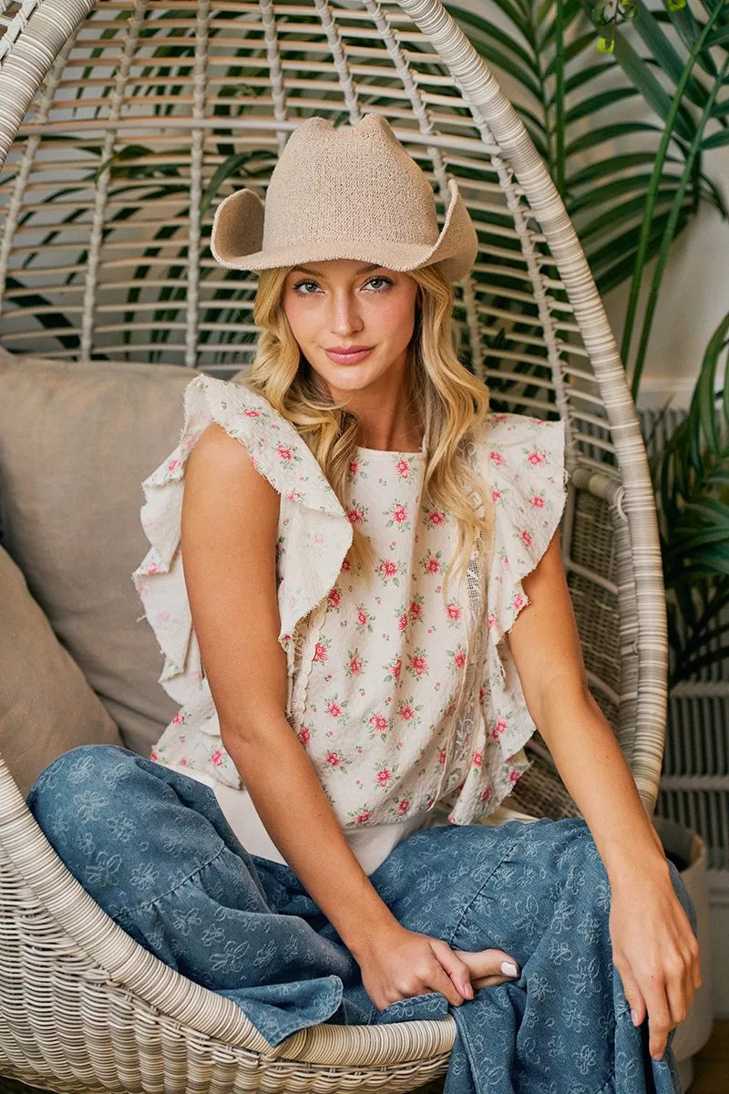 Bibi Flower Printed Ruffle Sleeve Trim Detail Top view 14 (top) - bibi floral top, bibi floral blouse,  - shop at us.meeeshop