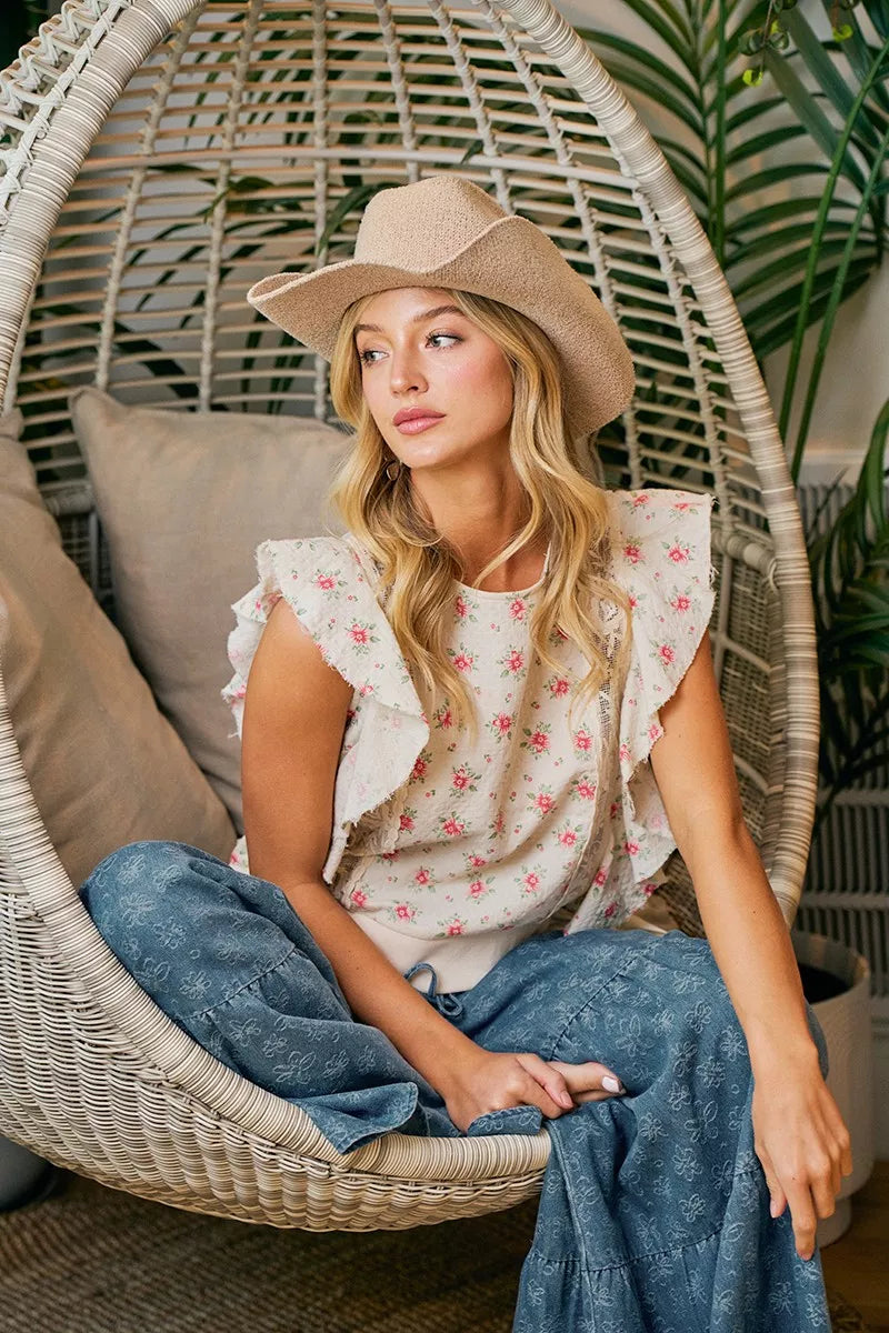 Bibi Flower Printed Ruffle Sleeve Trim Detail Top view 15 (top) - bibi floral top, bibi floral blouse,  - shop at us.meeeshop