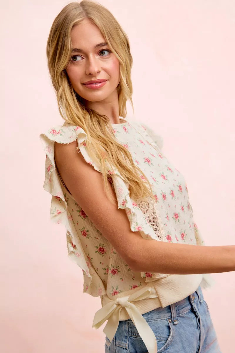 Bibi Flower Printed Ruffle Sleeve Trim Detail Top RED FLOWER view 2 (top) - bibi floral top, bibi flora - shop at us.meeeshop