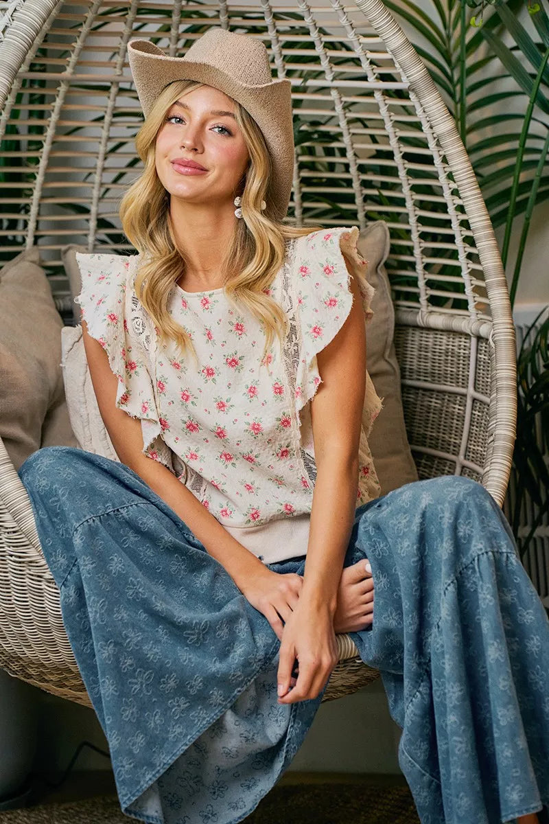 Bibi Flower Printed Ruffle Sleeve Trim Detail Top view 23 (top) - bibi floral top, bibi floral blouse,  - shop at us.meeeshop