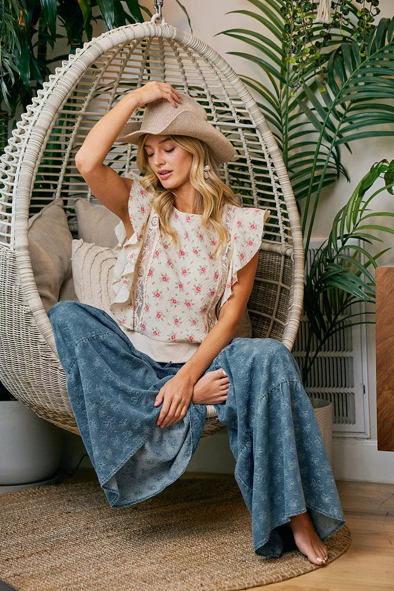Bibi Flower Printed Ruffle Sleeve Trim Detail Top view 24 (top) - bibi floral top, bibi floral blouse,  - shop at us.meeeshop