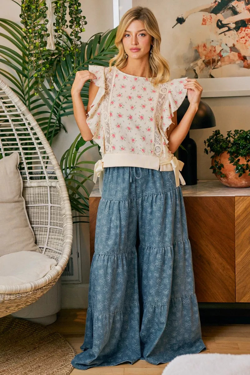 Bibi Flower Printed Ruffle Sleeve Trim Detail Top view 27 (top) - bibi floral top, bibi floral blouse,  - shop at us.meeeshop