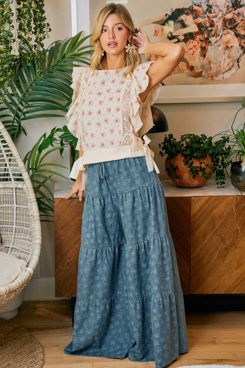 Bibi Flower Printed Ruffle Sleeve Trim Detail Top view 29 (top) - bibi floral top, bibi floral blouse,  - shop at us.meeeshop