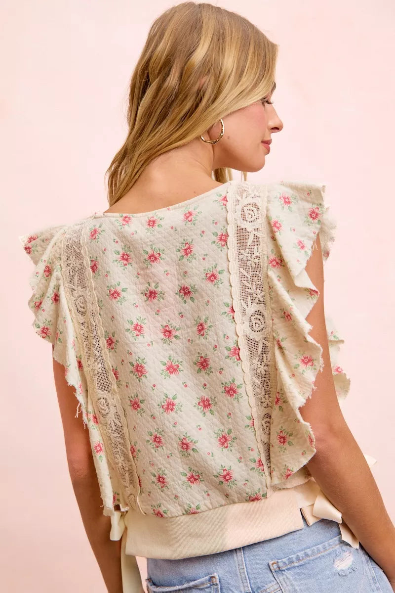 Bibi Flower Printed Ruffle Sleeve Trim Detail Top RED FLOWER view 3 (top) - bibi floral top, bibi flora - shop at us.meeeshop
