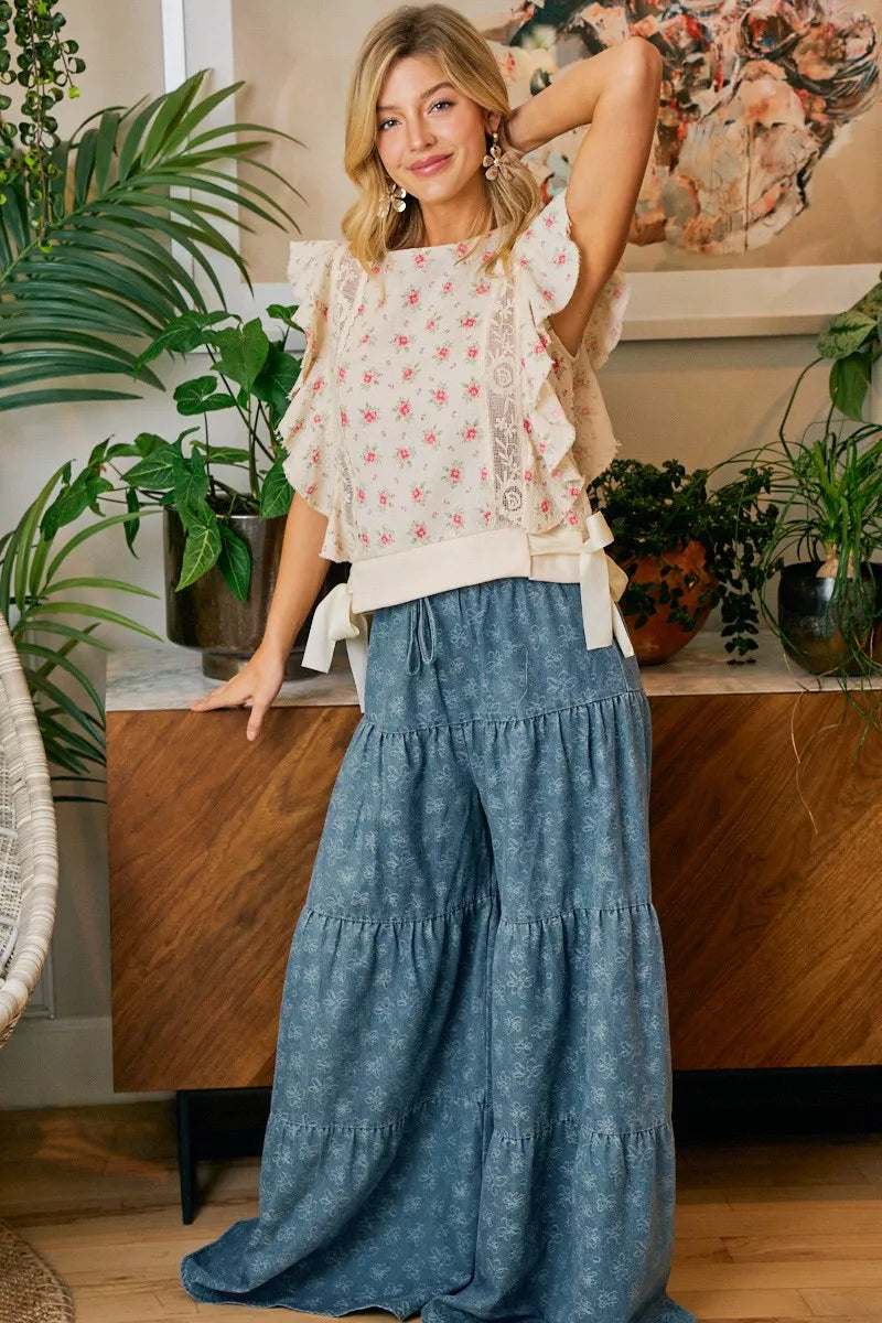 Bibi Flower Printed Ruffle Sleeve Trim Detail Top view 31 (top) - bibi floral top, bibi floral blouse,  - shop at us.meeeshop