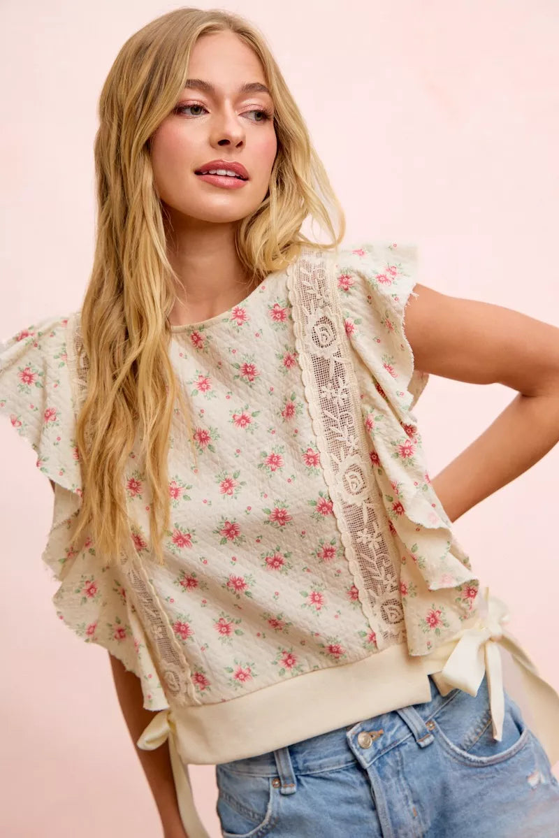 Bibi Flower Printed Ruffle Sleeve Trim Detail Top view 32 (top) - bibi floral top, bibi floral blouse,  - shop at us.meeeshop