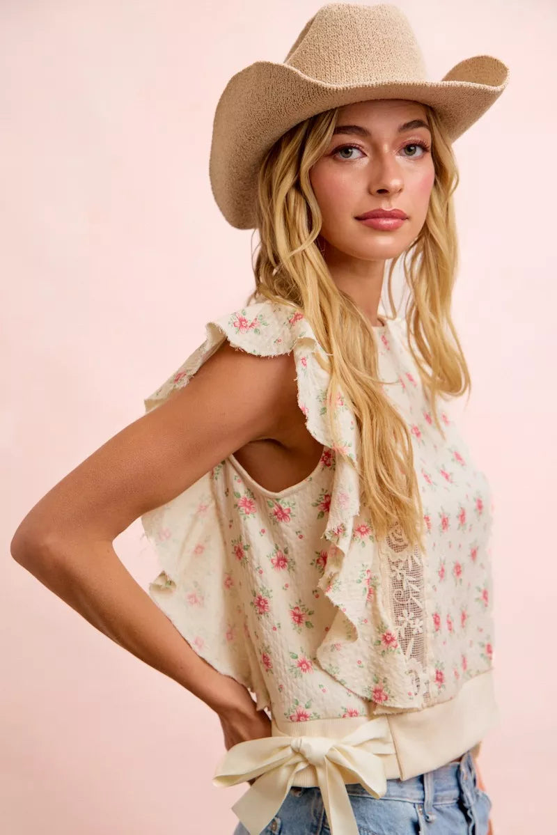 Bibi Flower Printed Ruffle Sleeve Trim Detail Top view 33 (top) - bibi floral top, bibi floral blouse,  - shop at us.meeeshop