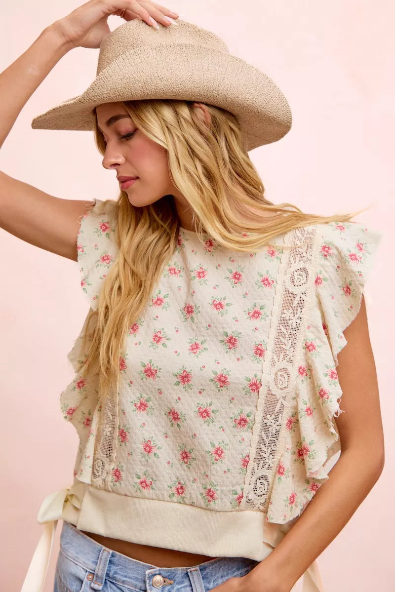 Bibi Flower Printed Ruffle Sleeve Trim Detail Top view 36 (top) - bibi floral top, bibi floral blouse,  - shop at us.meeeshop