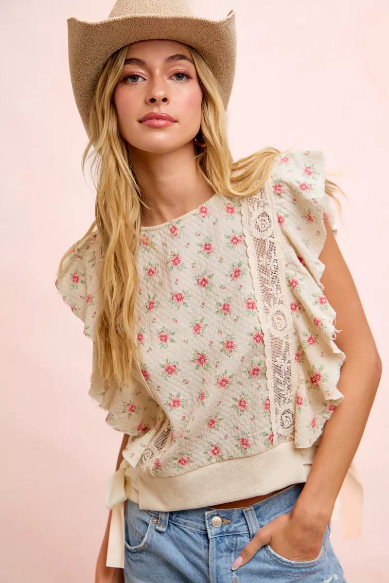Bibi Flower Printed Ruffle Sleeve Trim Detail Top view 37 (top) - bibi floral top, bibi floral blouse,  - shop at us.meeeshop