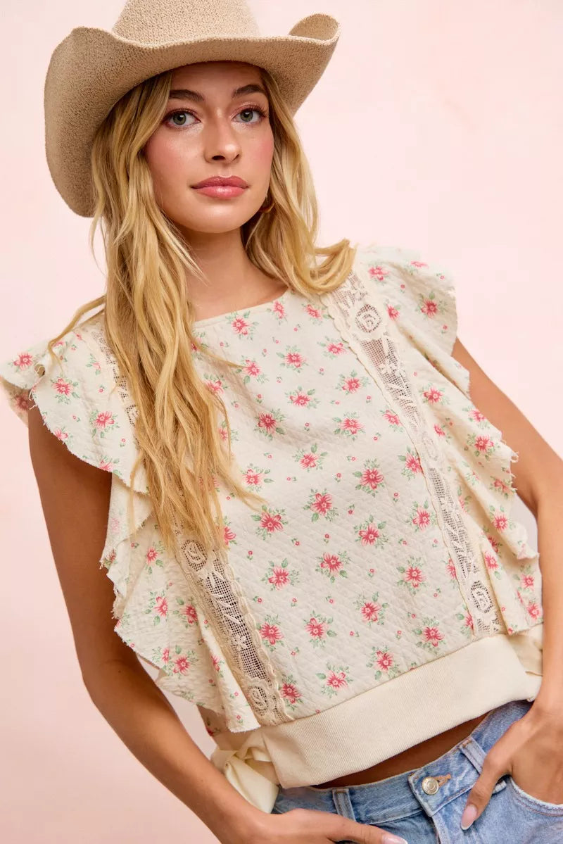 Bibi Flower Printed Ruffle Sleeve Trim Detail Top view 38 (top) - bibi floral top, bibi floral blouse,  - shop at us.meeeshop