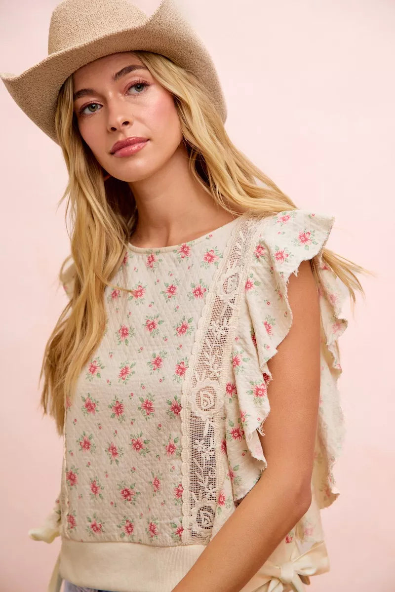 Bibi Flower Printed Ruffle Sleeve Trim Detail Top view 39 (top) - bibi floral top, bibi floral blouse,  - shop at us.meeeshop