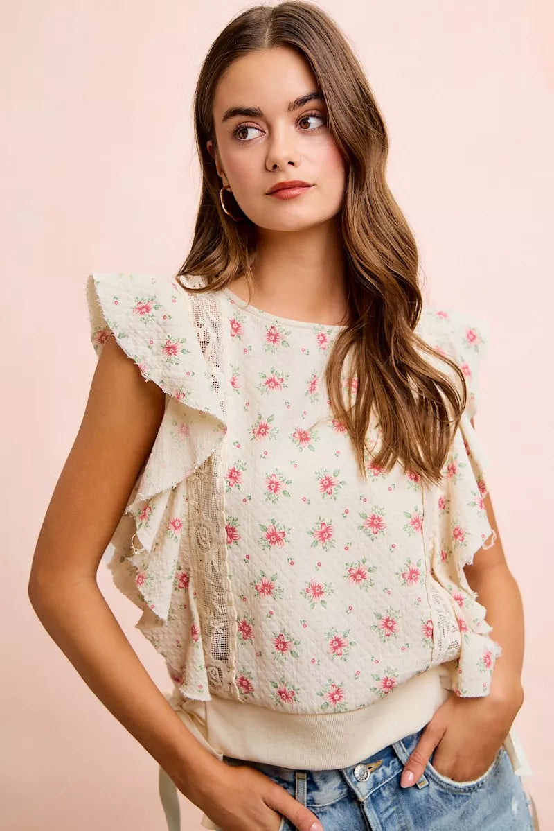 Bibi Flower Printed Ruffle Sleeve Trim Detail Top RED FLOWER view 4 (top) - bibi floral top, bibi flora - shop at us.meeeshop