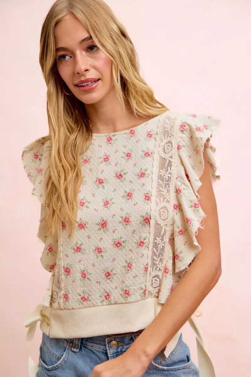 Bibi Flower Printed Ruffle Sleeve Trim Detail Top view 41 (top) - bibi floral top, bibi floral blouse,  - shop at us.meeeshop
