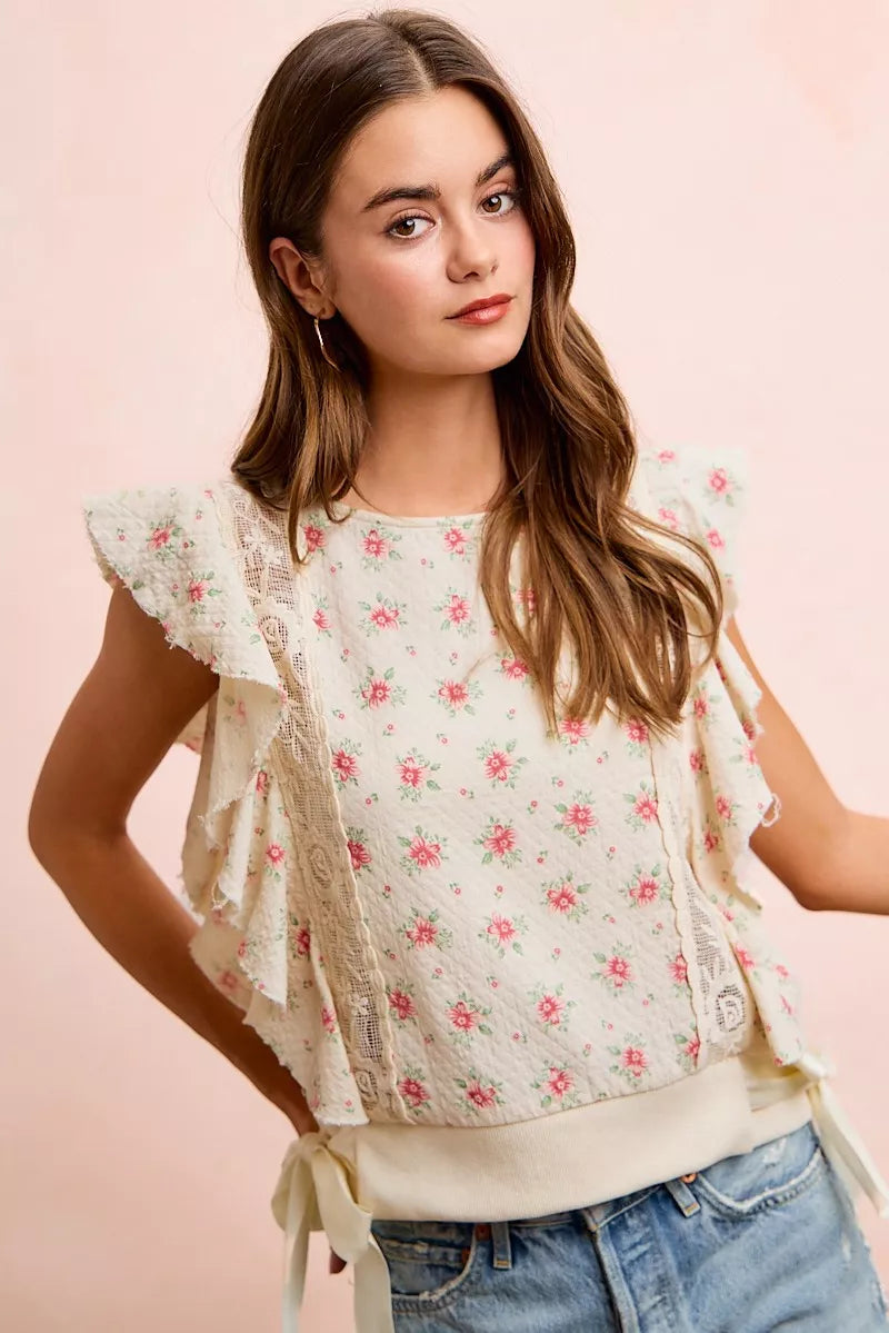 Bibi Flower Printed Ruffle Sleeve Trim Detail Top view 42 (top) - bibi floral top, bibi floral blouse,  - shop at us.meeeshop