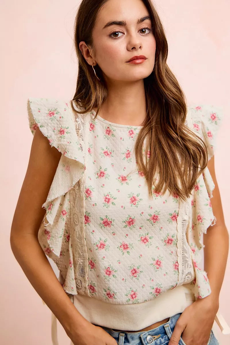 Bibi Flower Printed Ruffle Sleeve Trim Detail Top view 43 (top) - bibi floral top, bibi floral blouse,  - shop at us.meeeshop