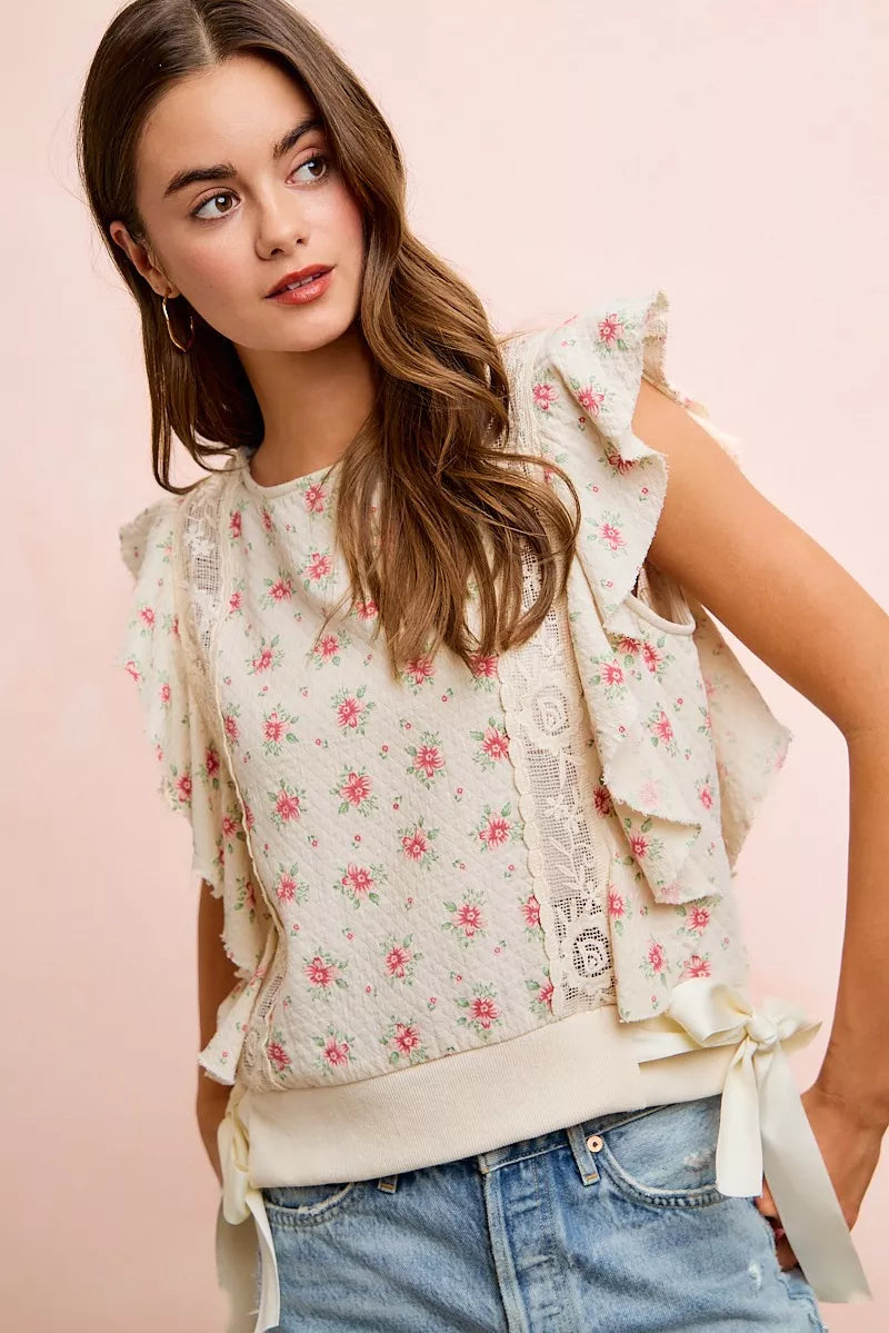 Bibi Flower Printed Ruffle Sleeve Trim Detail Top view 44 (top) - bibi floral top, bibi floral blouse,  - shop at us.meeeshop