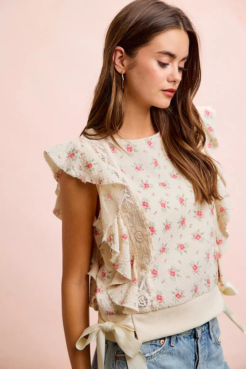 Bibi Flower Printed Ruffle Sleeve Trim Detail Top view 45 (top) - bibi floral top, bibi floral blouse,  - shop at us.meeeshop