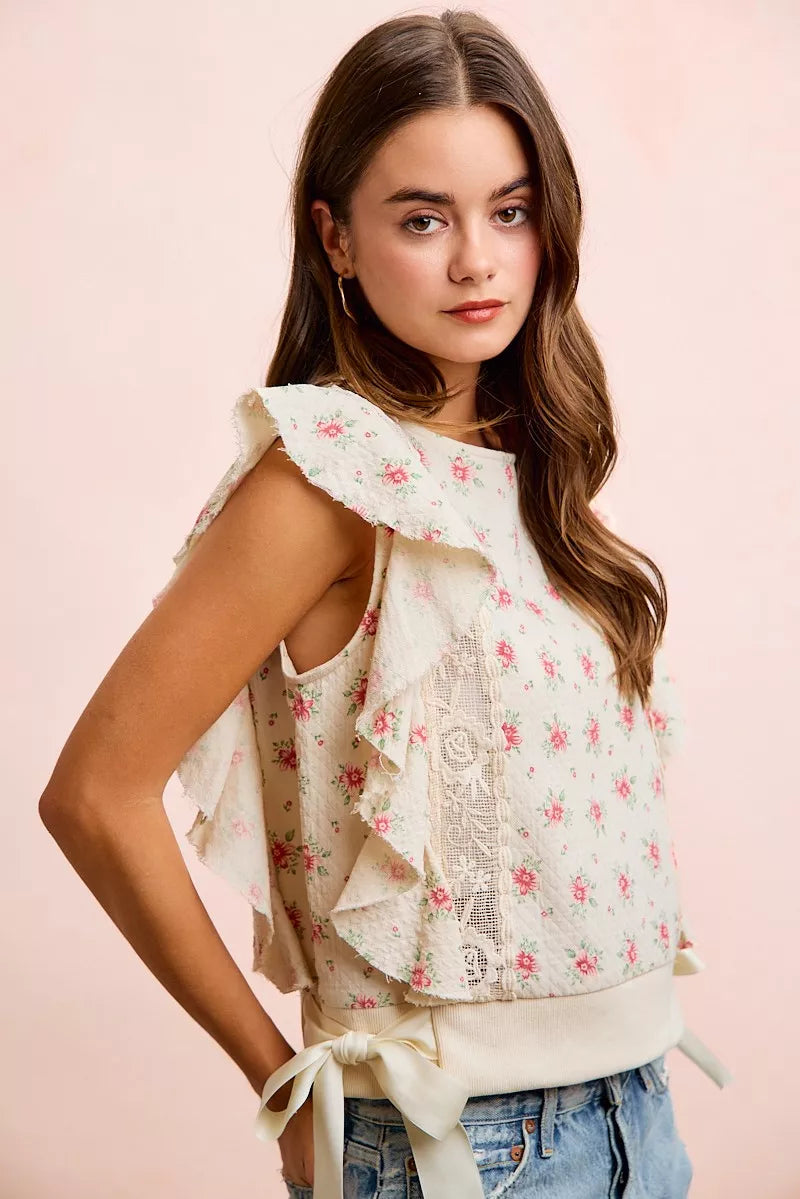 Bibi Flower Printed Ruffle Sleeve Trim Detail Top view 46 (top) - bibi floral top, bibi floral blouse,  - shop at us.meeeshop