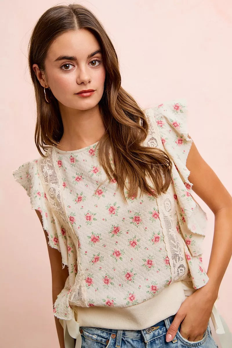Bibi Flower Printed Ruffle Sleeve Trim Detail Top view 47 (top) - bibi floral top, bibi floral blouse,  - shop at us.meeeshop