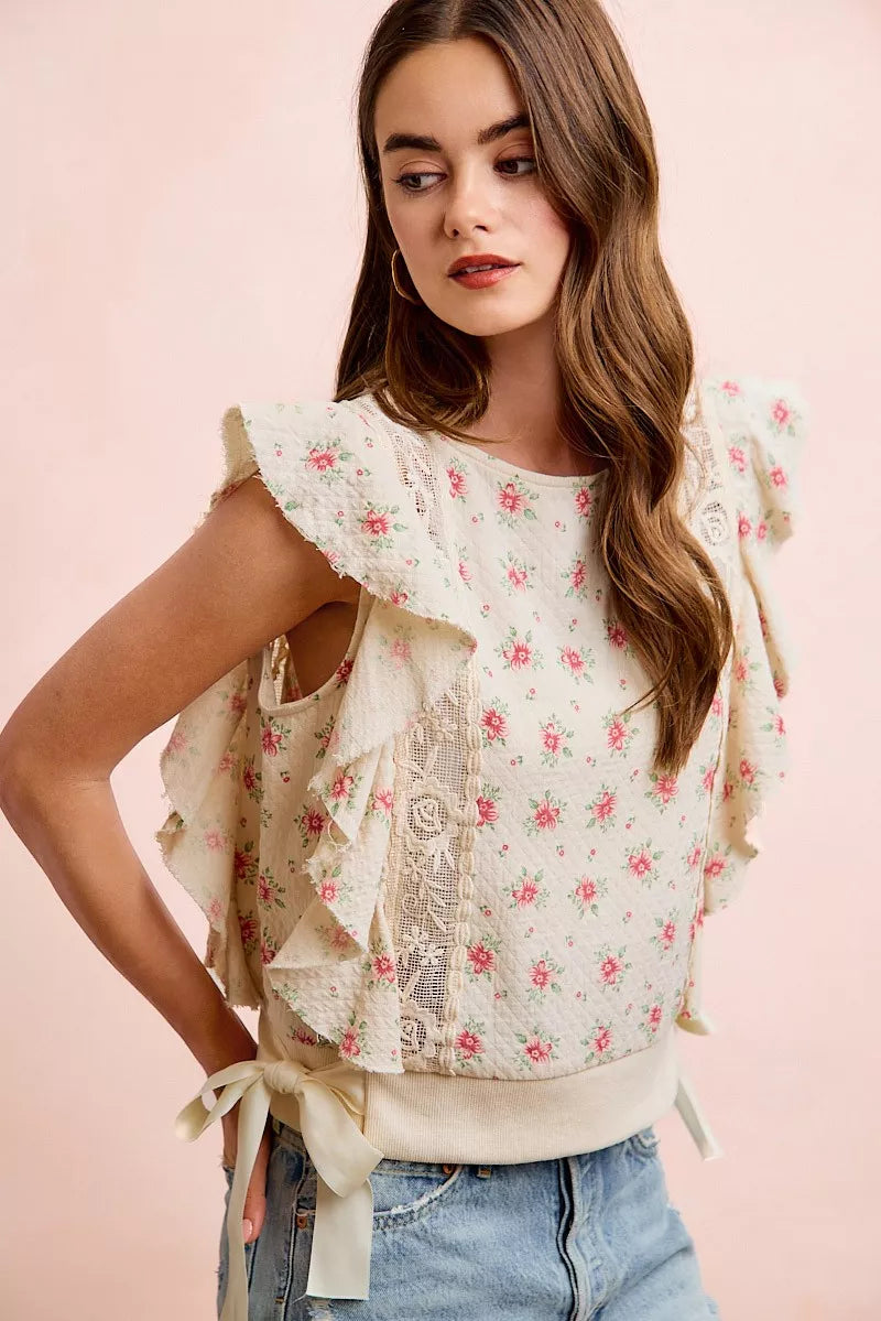 Bibi Flower Printed Ruffle Sleeve Trim Detail Top view 5 (top) - bibi floral top, bibi floral blouse, b - shop at us.meeeshop