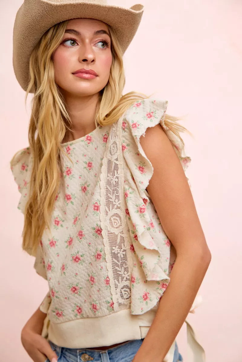Bibi Flower Printed Ruffle Sleeve Trim Detail Top view 7 (top) - bibi floral top, bibi floral blouse, b - shop at us.meeeshop