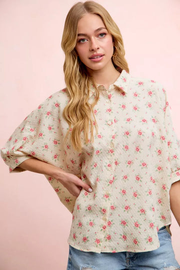 Bibi Flower Printed Short Dolman Blouse Top - MeeeShop Women's Fashion