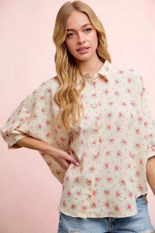Bibi Flower Printed Short Dolman Blouse Top in Red Flower view 2 - Bibi Floral Top