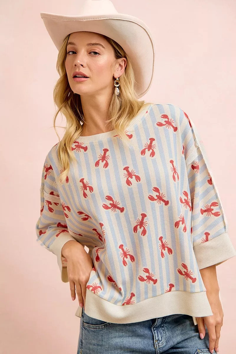 bibi july lobsters Bibi 4th of July Lobsters Stripe Waffle Knit Sleeve Top Light Blue/Red (top) - shop at us.meeeshop