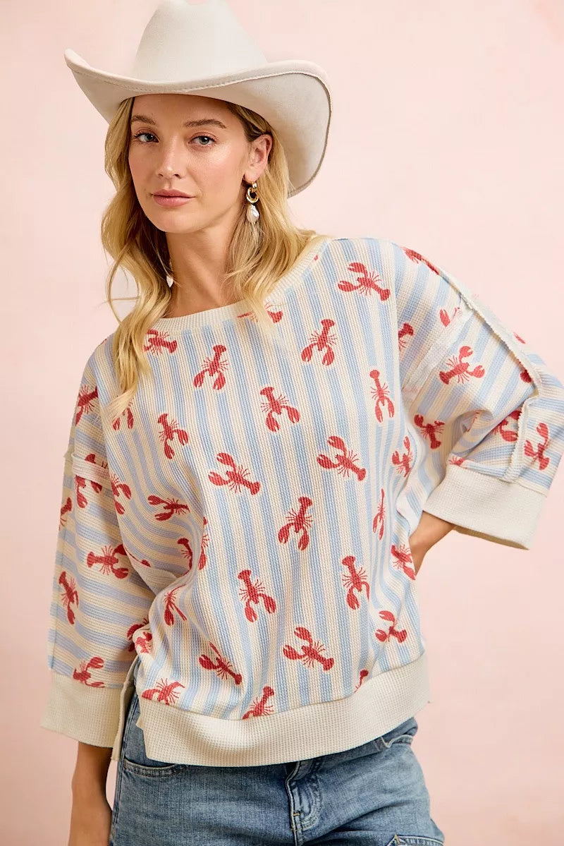 Bibi 4th of July Lobsters Stripe Waffle Knit Sleeve Top Light Blue/Red view 2 (top) - knit top, waffle  - shop at us.meeeshop
