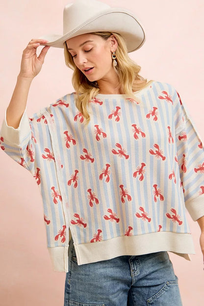 bibi july lobsters Bibi 4th of July Lobsters Stripe Waffle Knit Sleeve Top view 3 (top) - shop at us.meeeshop