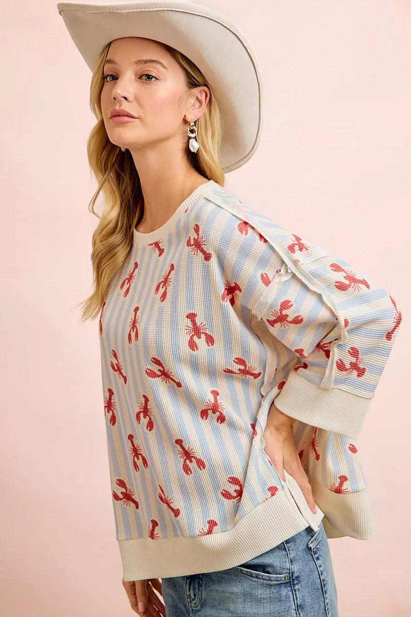 bibi july lobsters Bibi 4th of July Lobsters Stripe Waffle Knit Sleeve Top view 4 (top) - shop at us.meeeshop