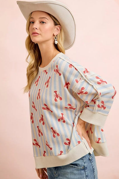 bibi july lobsters Bibi 4th of July Lobsters Stripe Waffle Knit Sleeve Top view 4 (top) - shop at us.meeeshop