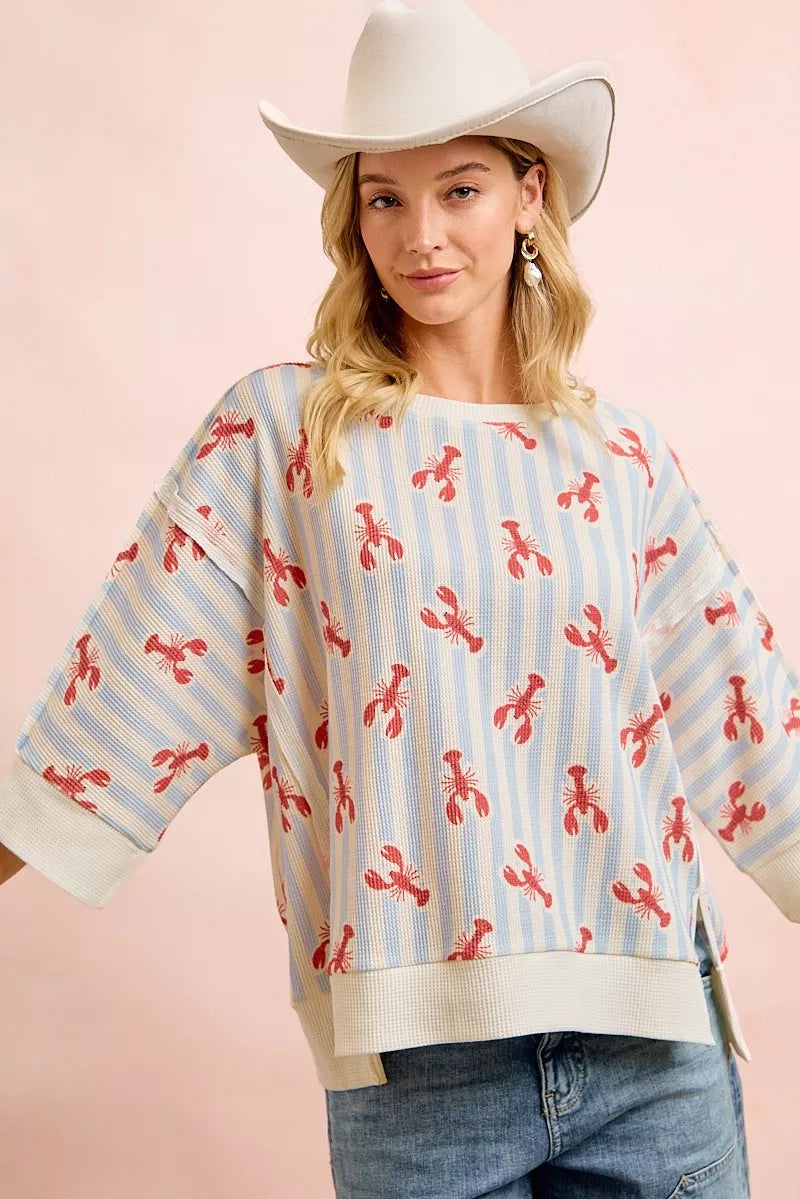 bibi july lobsters Bibi 4th of July Lobsters Stripe Waffle Knit Sleeve Top view 5 (top) - shop at us.meeeshop