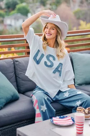 bibi july usa Bibi 4th of July USA Letter Patchwork French Terry Top view 10 (top) - shop at us.meeeshop