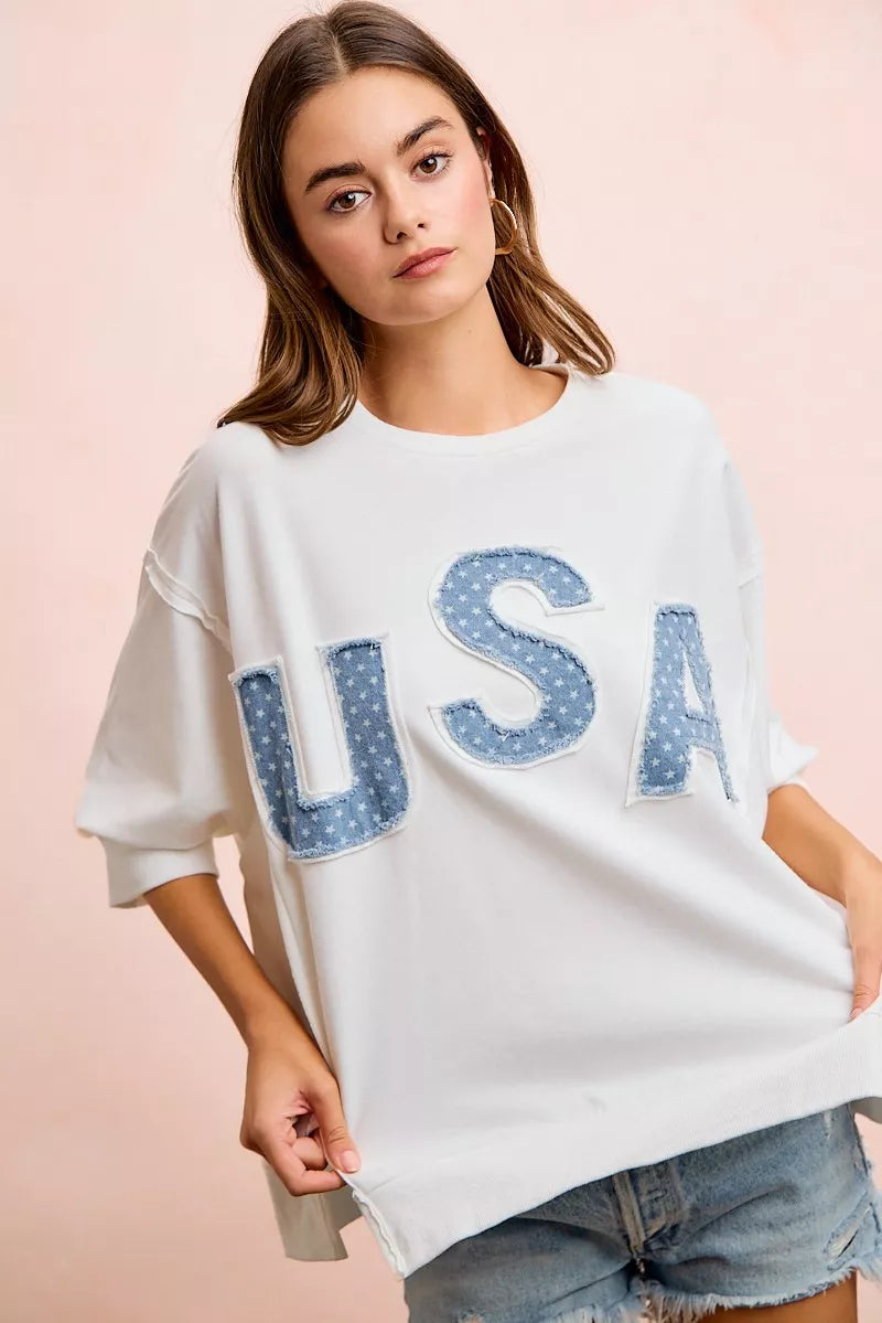 bibi july usa Bibi 4th of July USA Letter Patchwork French Terry Top view 2 (top) - shop at us.meeeshop