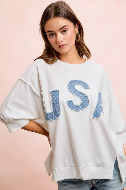 bibi july usa Bibi 4th of July USA Letter Patchwork French Terry Top view 3 (top) - shop at us.meeeshop
