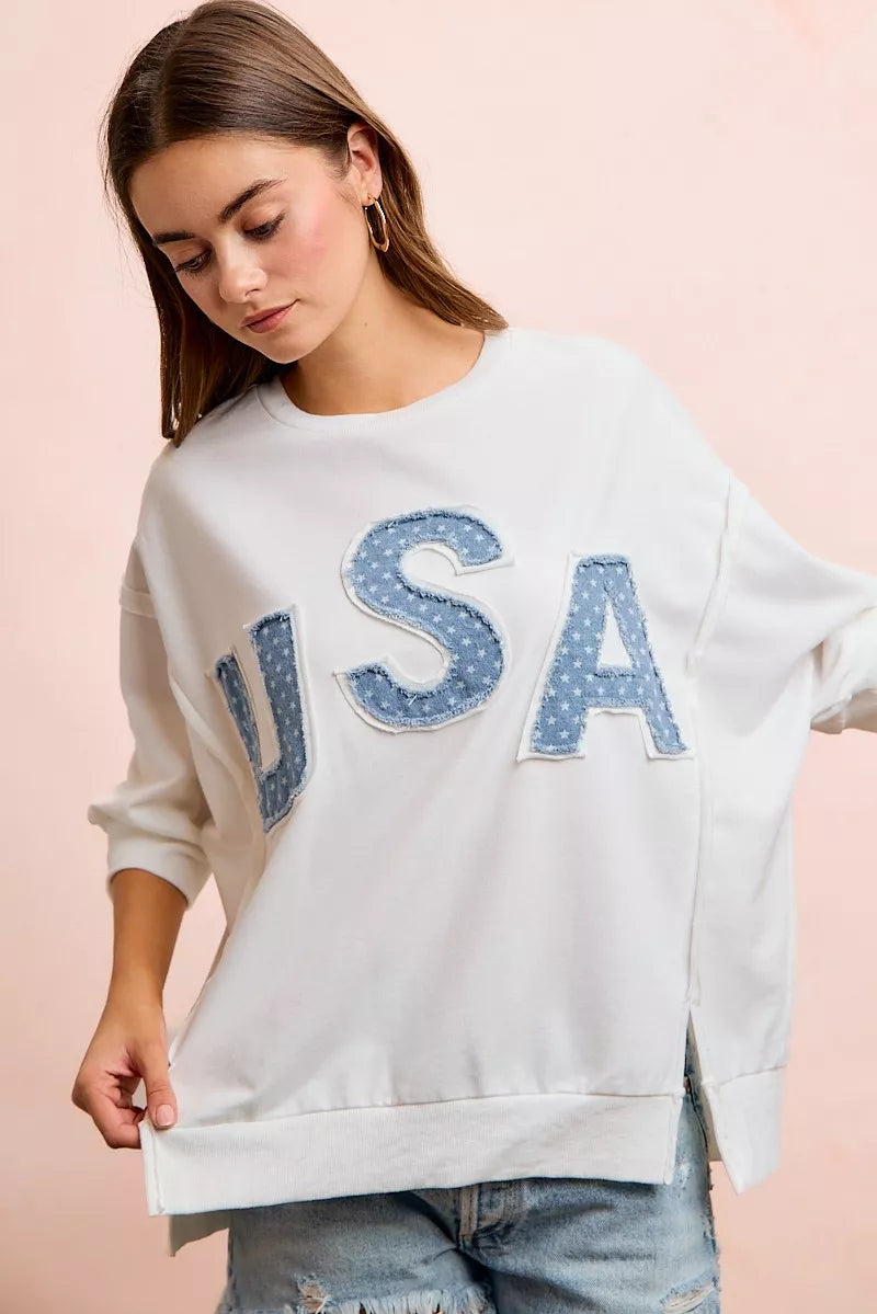 bibi july usa Bibi 4th of July USA Letter Patchwork French Terry Top view 4 (top) - shop at us.meeeshop